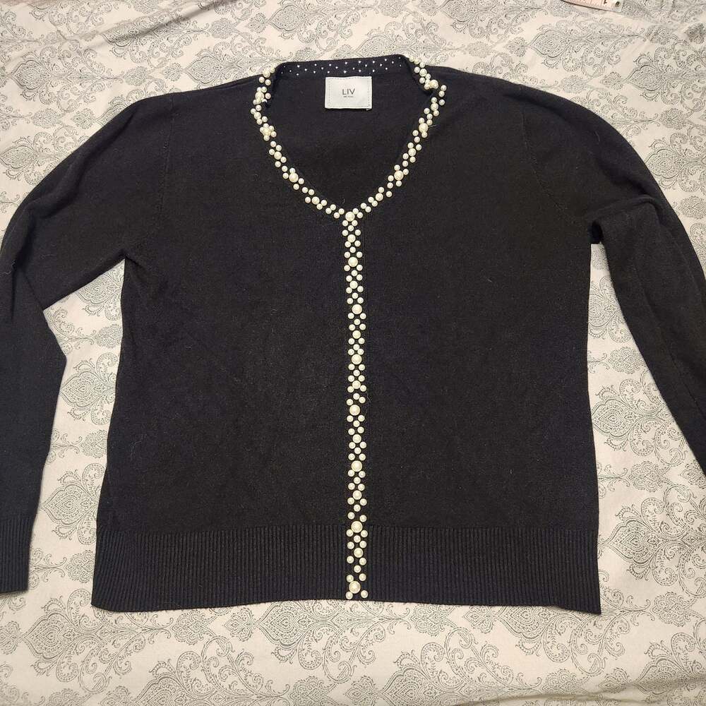 Liv Milano Black Pearl Embellished V-Neck Knit Sweater Cardigan
